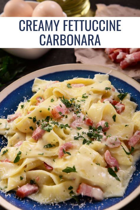 Whip up a classic Italian favorite with our Creamy Fettuccine Carbonara recipe, perfectly crafted using the Optimum Mamma Mia Pasta Maker. This pin guides you through making silky, homemade fettuccine topped with a rich, creamy carbonara sauce that's sure to impress at any family dinner or gathering. Save this recipe to your Italian Cuisine or Pasta Recipes board for a go-to luxurious meal. Delight in the art of fresh pasta making and bring a taste of Italy to your table. Fettuccini Carbonara, Fettucini Carbonara, Homemade Carbonara, Creamy Carbonara Sauce, Fettuccine Carbonara, Creamy Carbonara, Homemade Fettuccine, Fettuccine Recipes, Pasta Carbonara Recipe