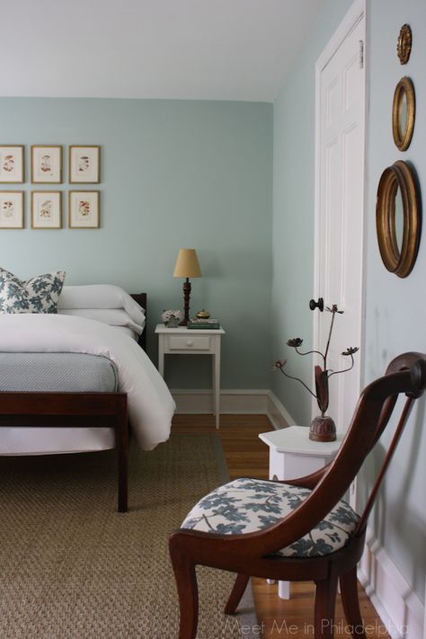 guest bedroom by Meet Me in Philadelphia blog, painted in "Palladian Blue" by Benjamin Moore Palladian Blue, Blue Walls, Benjamin Moore, Guest Bedroom, Philadelphia, Bedroom, Bed, Wall, Blue