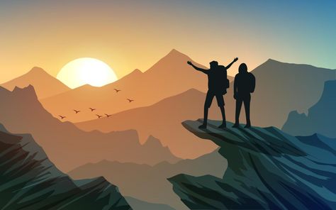 Mountain scenery on sunset with men Banner Shapes, Mountain Silhouette, Foggy Mountains, Mountain Illustration, Mountain Scenery, Forest Illustration, Skeleton Art, Mountain Sunset, Night Landscape