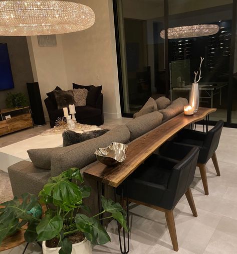 Sofa Table With Bar Stools, Sofa With Desk Behind It, Back Of Sectional Table, Sofa Table Bar Stools, Console Table With Stools Behind Couch, Behind Couch Dining Table, Sofa Table Desk, Sofa With Bar Table Behind It, Back Of Couch Desk