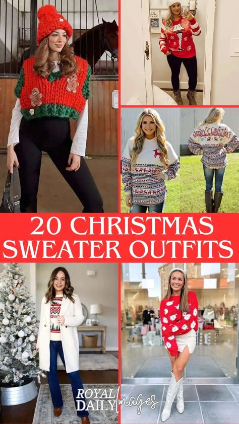 20 Fun and Stylish Ugly Christmas Sweater Outfit Ideas Ugly Sweater Outfits, Christmas Sweater Outfit, Ugly Christmas Sweater Outfit, Sweater Skirt Outfit, Sweater Outfit Ideas, Christmas Sweater Outfits, Trendy Date Night Outfit, Trendy Christmas Outfits, Best Ugly Christmas Sweater