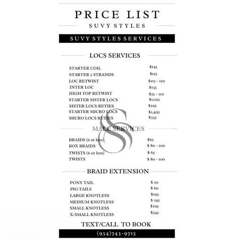 Price list is now up 🤩 anything to make my clients life easier❗️ No need for the website anymore just call or text for any questions ✨ if you don’t see the service on here don’t be afraid to ask 🥰 📍Hallandale,FL #locnationthemovement #dread #dreadstyles #miamiloctician #miamiheat #sisterlocks #sisterlockstyles #Newyorkhairstylist #newyorkhair #dreadstyles #miamihairstylist #locs #dreadloc #miamihairstylist #atlhair #detroithairstylist #extendedponytail #dreadhead #mendreadstyles #miami #n... Men Dread Styles, Extended Ponytail, Micro Locs, Sister Locs, Braids With Extensions, Sisterlocks, Loc Styles, Twist Braids, Price List