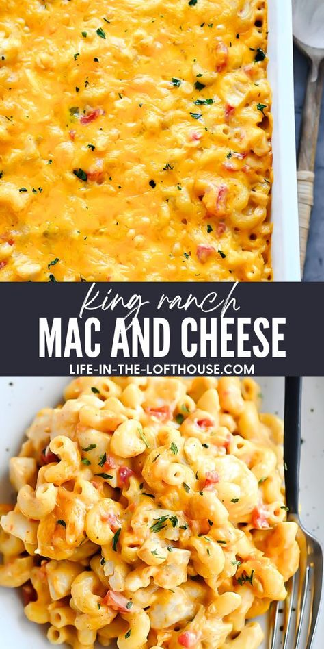 This Mac and Cheese is loaded with chicken, tomatoes, green chilies and more! Ranch Mac And Cheese, Life In The Lofthouse, Chicken Tomatoes, King Ranch Chicken, Chili Mac And Cheese, Banana Peppers, King Ranch, Diced Tomatoes, Ranch Chicken