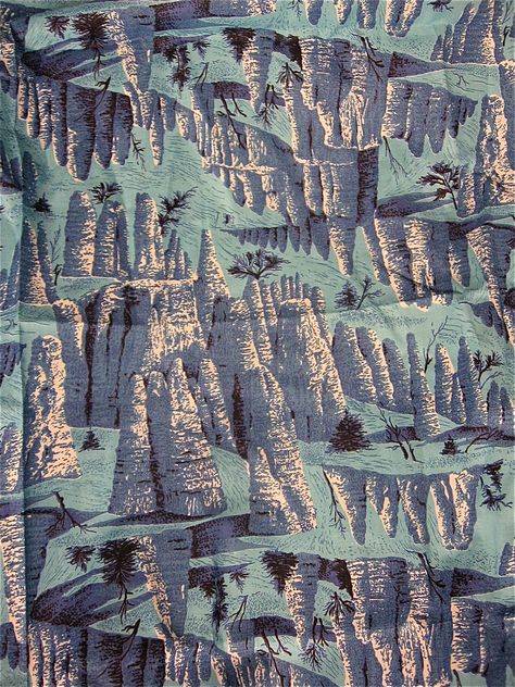 vintage 1950s | blue cliffs + pines | printed on cotton fabric Spooky Vintage, Retro Mountain, Textile Prints Design, Graphic Wallpaper, Vintage Textiles, Color Textures, Textile Patterns, Graphic Patterns, Textile Prints