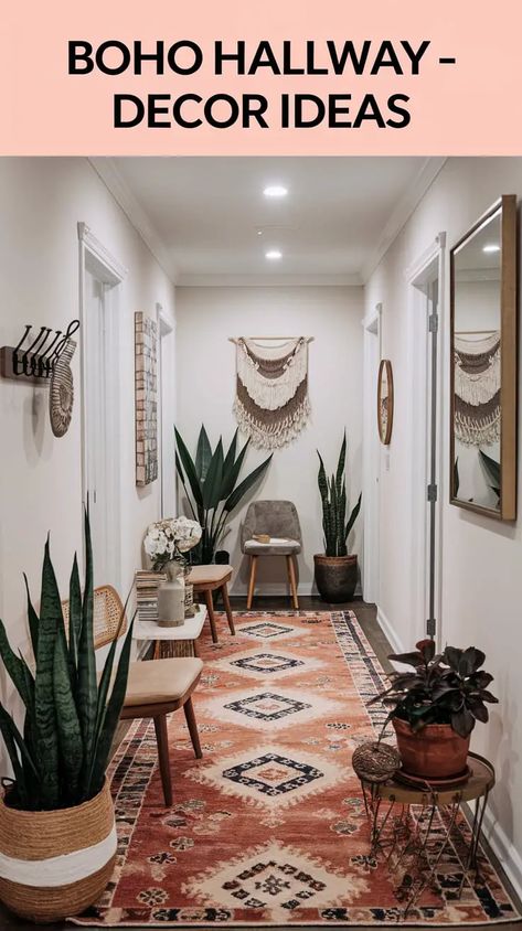 Boho Hallway Decor, Hallway Decor Ideas, Boho Hallway, Southwest Vibes, Hallway Decor, Vibrant Patterns, Maximalist Decor, Hallway Decorating, Civil Engineering