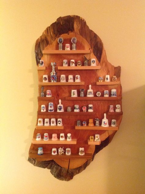 My Thimble Collection - display shelf was made by my son ❤️ Thimble Collection Display, Thimble Display Ideas, Dark Crafts, Collection Display Shelves, Staggered Shelves, Button Wreath, Thimble Collection, Collectible Thimble, Beautiful Crafts