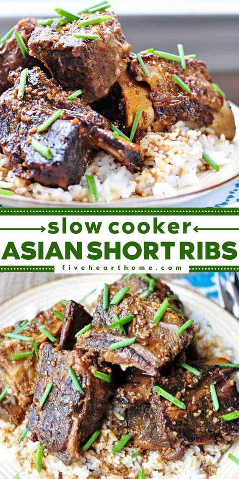 Looking for date night ideas? Have a romantic meal for two at home! This Valentine's Day dinner recipe in the crockpot features beef short ribs. Fall-off-the-bone tender with a flavorful sauce, this Slow Cooker Asian Short Ribs is so good! Sesame Ginger Beef, Teriyaki Ribs, Asian Short Ribs, Slow Cooker Asian, Short Ribs Slow Cooker, Ginger Beef, Slow Cooker Teriyaki, Recipes Savory, Slow Cooker Ribs