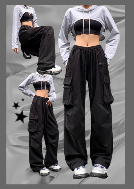 Baggy Cargo Pants With Crop Top, Sports Bra And Cargo Pants Outfit, Baggy Cargo Sweatpants Outfit, Cropped Hoodie And Cargo Pants Outfit, Dance Cargo Pants, Tank Top With Baggy Pants, Crop Top Outfits With Cargo Pants, Cargo Pants Styles For Women, Baggy Cargo Pants Outfit Winter