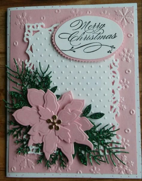 Pink Christmas Cards Handmade, Pink Christmas Cards, Cricut Christmas Cards, Die Cut Christmas Cards, Handcrafted Christmas Cards, Card Making Flowers, Handmade Greeting Card Designs, Anna Griffin Christmas Cards, Hanukkah Cards