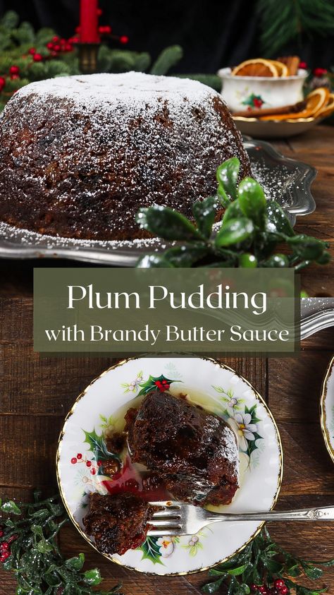 Prepare to be captivated by the fiery spectacle of this traditional flaming plum pudding topped with a brandy butter sauce. Full of candied fruit, brandy, rich flavours and aromatic spices, this festive fruit cake is the embodiment of Christmas. Perfect to serve after Christmas dinner or for a Victorian Christmas inspired feast. Brandy Butter Sauce, Advent Recipes, Plum Pudding Recipe, Steamed Puddings, English Pudding, Elegant Recipes, Brandy Butter, Dinner Feast, Christmas Pudding Recipes