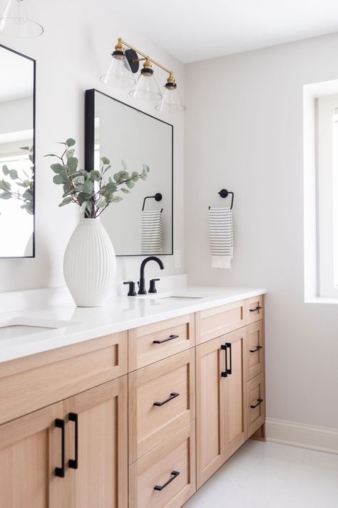 Northwood Primary Suite Remodel - Willaby Way Modern Farmhouse Master Bath Ideas, Master Bath Lighting Fixtures, Wood Tone Bathroom, Primary Suite Bathroom, Black Hardware Bathroom, Modern Farmhouse Master Bath, Elm Leaf, Ensuite Ideas, Oak Bathroom