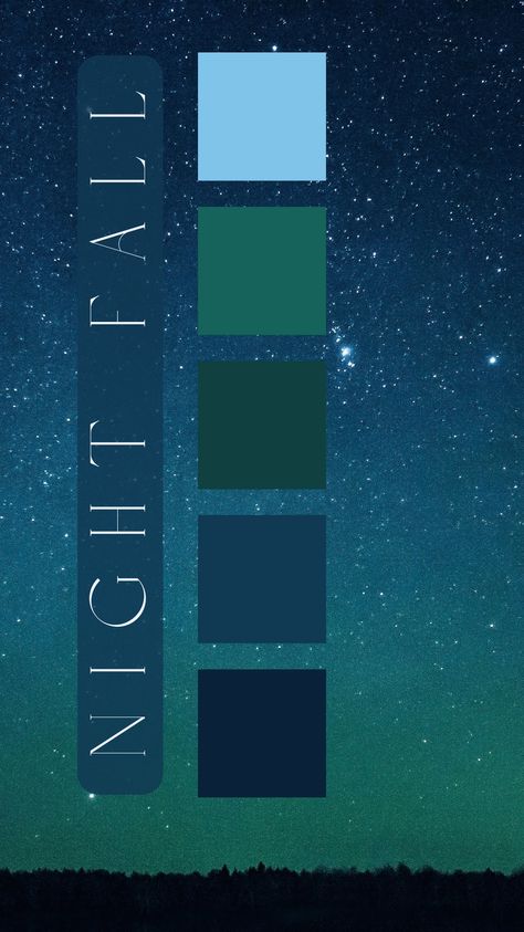 Night Fall Color Palette by Felicity & Lilac Events Midnight Blue Wedding Color Palette, Crow Color Palette, Dark Green Blue Color Palette, Twilight Sky Color Palette, Celestial Color Scheme, Midnight Purple Color Palette, Enchanted Forest Color Pallet, Witchcore Color Palette, Constellation Color Palette