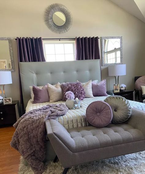 Purple Gray And Black Bedroom, Plum Decor Bedroom, Purple Black And Silver Bedroom Ideas, Gray Purple Bedding, Purple And Grey Room Ideas Bedrooms, Purple Silver Bedroom Ideas, White Gray Purple Bedroom, White Grey And Purple Bedroom, Black White And Lavender Bedroom