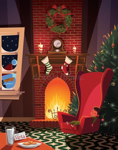 Christmas Interior Illustration, Fireplace Illustration Christmas, Christmas Room Illustration, Christmas Night Illustration, Christmas Living Room Drawing, Christmas Fireplace Illustration, Santa Illustration, Decorated Room, Room Illustration