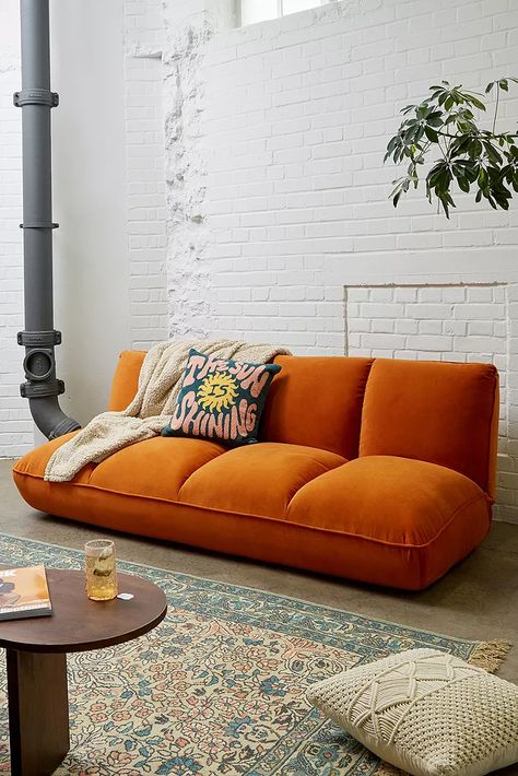 Orange Couch, Small Sectional Sofa, Interior Kantor, Orange Sofa, Orange Velvet, Hus Inspiration, A Living Room, تصميم داخلي, Futon