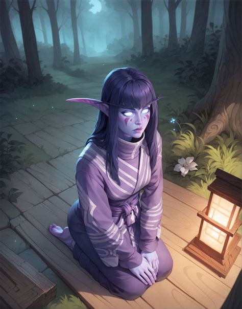 Night elf in Japanese setting Wow Elves, Night Elf Wow, Void Elf Art, Night Elf Art, Wow Night Elf, Moonshadow Elves, Void Elf, Maiev Shadowsong, Wow Elf