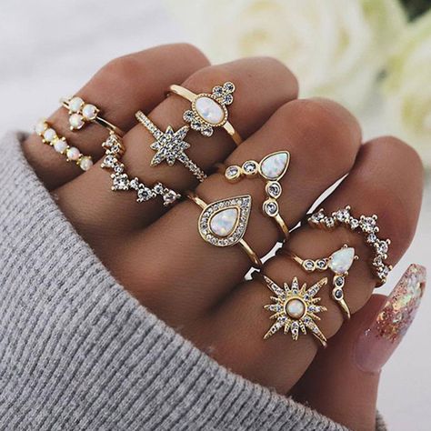 USD $7.99 Midi Rings Silver, Rings Aesthetic, Midi Ring Set, Stackable Ring Sets, Multiple Rings, Vintage Gold Rings, Crystal Aesthetic, Boho Crystal, Princess Ring