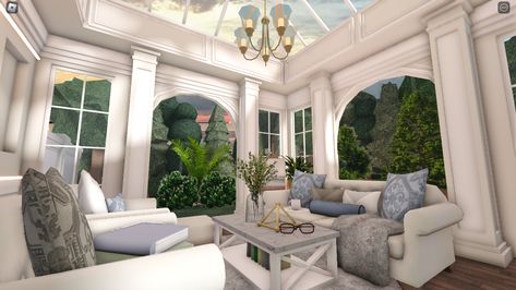 Bloxburg River Ideas, Bloxburg Coastal House Entrance, Coastal Grandmother Bloxburg House, Bloxburg Porch Ideas Aesthetic, Front Desk Bloxburg, Mederteranian House Bloxburg, Bloxburg Sorority House, Bloxburg Sunroom Ideas, Bloxburg Spring House Ideas