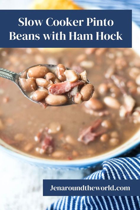 If you are a person who loves Southern cooking, you will love this easy recipe for Slow Cooker Pinto Beans with Ham Hock. In the South, or at least in my house, we refer to them as brown beans. Either way, they are delicious! Crockpot Ham Hock And Beans, Crockpot Beans And Ham Hock, Red Beans Ham Hock Crock Pot, Beans Slow Cooker Recipes, Slow Cooker Dried Beans, Hammock And Beans Crockpot, Ham Hawks And Beans, Pinto Beans And Ham Crockpot, Slow Cooker Pinto Beans And Ham