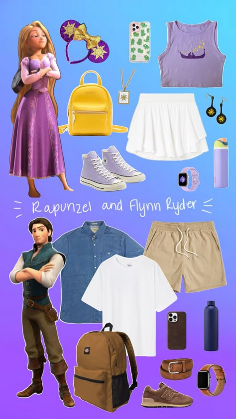 What to wear to Disney - Rapunzel and Flynn Ryder - Couples Outfit Disney Couple Outfits, Disneybound Couples, Rapunzel Outfit, Disney Princess Inspired Outfits, Flynn Ryder, What To Wear To Disney, Disney Bound Outfits Casual, Disney Trip Outfits, Disney Outfits Women