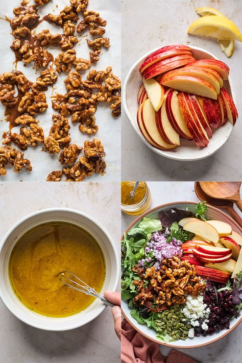 Apple Walnut Salad Recipe, Candied Walnuts For Salad, Apple Dressing, Apple Salad Recipe, Caramelized Walnuts, Apple Walnut Salad, Apple Salad Recipes, Thanksgiving 2023, Apple Walnut