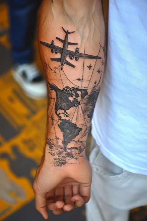 Person with a tattoo of a world map and airplane on their forearm. Travel Tattoo Ideas For Women, World Travel Tattoos, Wanderlust Tattoos, Travel Tattoo Ideas, Compass Tattoos, Tattoo Pics, Airplane Window View, Travel Tattoos, World Map Design