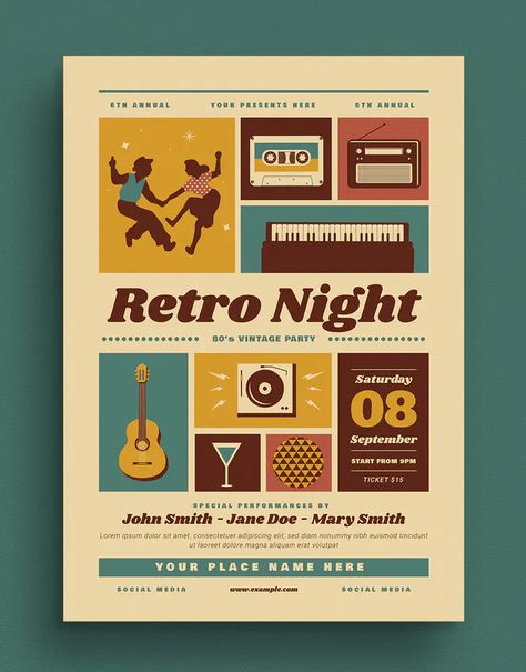 Retro Night Event Flyer Template PSD, AI - Download Ticket Flyer Design, Event Concept Ideas, Event Flyer Design Creative, Retro Flyer Design, Debate Poster, Game Night Poster, Event Graphic Design, Trivia Night Flyer, Retro Brochure