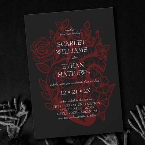 Gothic Elegant Red & Black Floral Heart Wedding In Invitation Black And Red Wedding Invites, Black Red Silver Wedding, Black And Wine Red Wedding, Black And Red Wedding Theme Decor, Red And Black Theme Wedding, Red And Black Wedding Aesthetic, Black And Red Themed Wedding, Gothic Wedding Color Schemes, Dark Red And Black Wedding