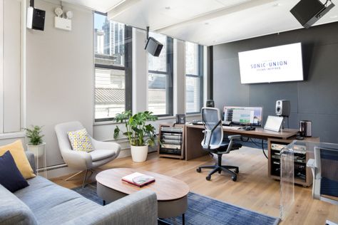 Sonic Union Studio - New York City | Office Snapshots Post Production Studio Design, Office Video Studio, Filmmaker Office, Editing Office, Edit Suite, Highback Sofa, Podcast Room, Production Office, Studio Room Design