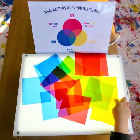 Colour mixing with cellophane squares and contact paper on the light table. Light Box Activities, Vetenskapliga Experiment, Art Provocations, Preschool Colors, Colour Mixing, Light Study, Sensory Table, Preschool Science, Kindergarten Art