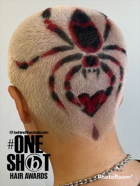 Shaved Hair Designs Skull, Buzzcut Shaved Design, Spider Web Shaved Head, Shaved Hair Designs Halloween, Spider Buzzcut, Spider Hair Design, Halloween Shaved Head Design, Blonde Buzzcut With Designs, Bald Head Dye Designs