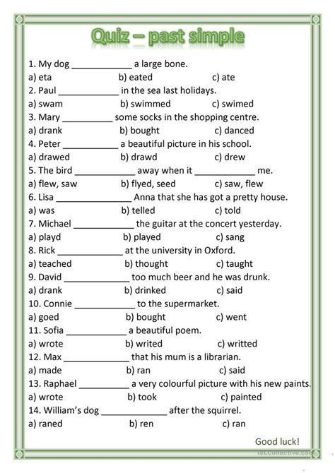 Here's a fun English ESL worksheet to practice the past simple tense for ESL students. Simple Past Tense Worksheet, English Past Tense, Past Simple Tense, Past Tense Worksheet, English Grammar Quiz, English Grammar Test, Materi Bahasa Inggris, English Grammar Exercises, English Quiz