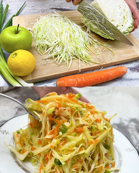 Fresh Cabbage, Carrot, and Apple Salad - Greenku Recipes Green Apple Salad, Cabbage Carrot, Spinach Bake, Cabbage Salad Recipes, Apple Salad Recipes, Hearty Vegetable Soup, Baked Garlic, Walnut Salad, Apple Salad