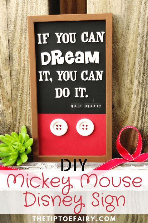 Get some framed wall art from the Dollar Tree and upcycle it into this adorable DIY Mickey Mouse Disney sign perfect for a kid's room, gift giving and more! #disney #craft #diy #homedecor #signdecor #mickeymouse Diy Mickey Mouse, Mickey Mouse Bedroom, Walt Disney Quote, Disney Bathroom, Disney Diy Crafts, Disney Quote, Walt Disney Quotes, Disney Sign, Store Sign