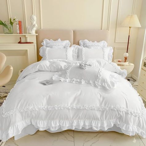 Amazon.com: Chic Lace Bedding,Girls Twin Aesthetic Comforter Cover Set,Cute Princess Style Ruffled Duvet Cover with 2 Layers Ruffles, Zipper Closure-Yellow,Twin : Home & Kitchen Bed With White Comforter, Coquette Bed Sheets, Love Shack Fancy Bedroom, Cute Comforters, Coquette Bedding, Twin Aesthetic, Aesthetic Comforter, Luxury Dorm, Cute Bed Sets