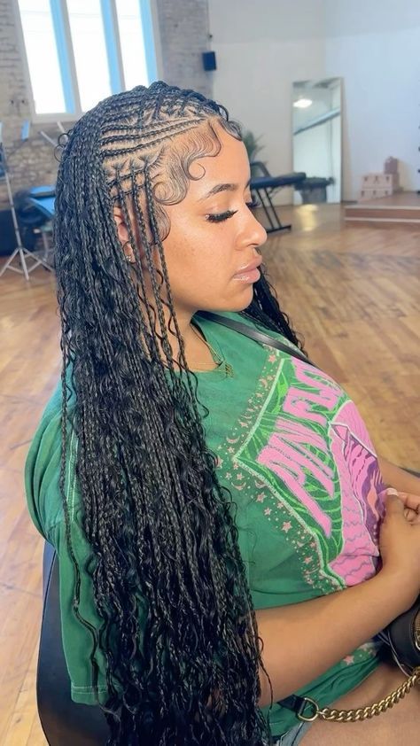 Side Part Fulani Braids Hairstyles, Braids Hair Ideas, Flip Over Fulani Braids, Stitch Braid, Hair Braid Designs, Wedding Guest Outfit Fall, Big Box Braids, Braid Inspiration, Bright Red Hair