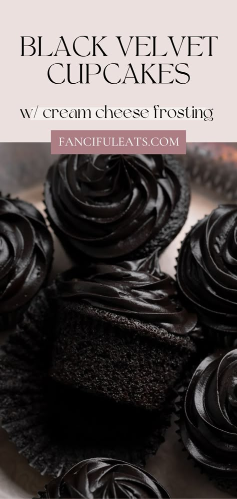 Black Velvet Cupcakes. Black Velvet Cake Recipe, October Dessert, Black Velvet Cupcakes, Black Cocoa Powder, Black Velvet Cakes, Black Dessert, Black Cupcakes, Cream Cheese Frosting Cake, Black Cocoa