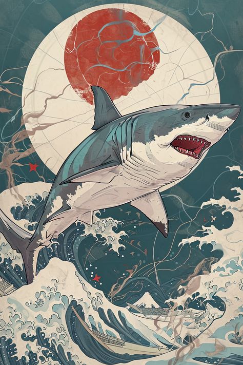 Shark art poster inspired in the style of Japanese-inspired motifs, He Jiaying, cardboard, RTX, Winslow Homer, cross-hatching. Cute Shark Wallpaper, He Jiaying, Shark Poster, Shark Painting, Shark Illustration, Shark Decor, Shark Pictures, Shark Drawing, Japanese Poster Design