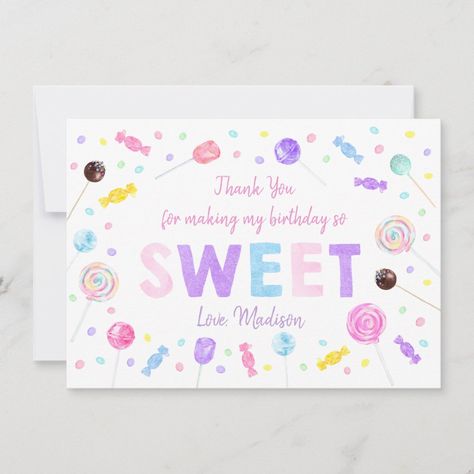 Sweet Shop Lollipop Candy Birthday Thank You Card Sprinkles Birthday Party, Lollipop Birthday, Candy Birthday, Thank You Card Size, Candyland Birthday, Lollipop Candy, Birthday Thank You Cards, Candy Theme, Birthday Candy