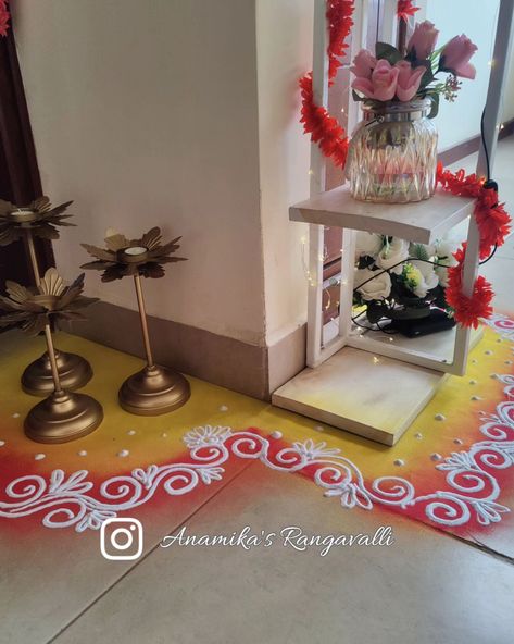 "Discover elegant and simple Rangoli designs that will beautifully enhance and elevate the ambiance of your special occasion. #RangoliDesigns #ElegantDecor #FestiveVibes #TraditionalArt #OccasionDecor #BeautifulRangoli" Beautiful Diwali Rangoli, Boundary Rangoli Design, Border Rangoli Ideas, Dandiya Rangoli, Simple Border Rangoli Designs, Side Rangoli Designs Easy, Side Rangoli Designs, Side Border Rangoli Designs, Border Rangoli Designs Simple