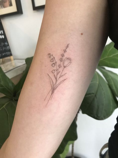 Small Arm Flower Tattoo, Fineline Tulip Tattoo, Lily And Tulip Tattoo, Small Wildflower Tattoo Simple, Fine Line Lily Of The Valley Tattoo, Lily Of The Valley Tattoo Minimalist, Tulip Bouquet Tattoo, 2 Flower Tattoo, Dainty Wildflower Tattoo