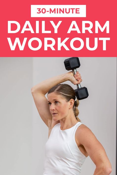 Build a strong, toned upper body with my favorite dumbbell arm exercises. An at home workout that targets the shoulders, back, chest, biceps and triceps. Each circuit includes a strength exercise, a power exercise and an isometric hold. Burn out the entire upper body at home using a set of dumbbells. Fast Arm Workout, Upper Arm Strength Exercises, Toning Arm Workouts, Upper Body Dumbbell Workout For Women, Free Weight Arm Workout, Nml Workouts, Daily Arm Workout, Dumbbell Arms, Toned Arms At Home