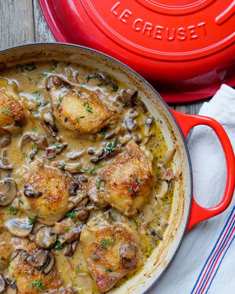 Braised chicken with creamy mushroom sauce | eat. live. travel. write. Boneless Skinless Chicken Thigh Recipes Mushrooms, Chicken Thighs Mushroom Recipes, Chicken Thighs Dutch Oven, Creamy Chicken Thighs, Braiser Recipes, Le Creuset Braiser, Protein Dishes, Dutch Oven Recipes Cast Iron, Braising Recipes