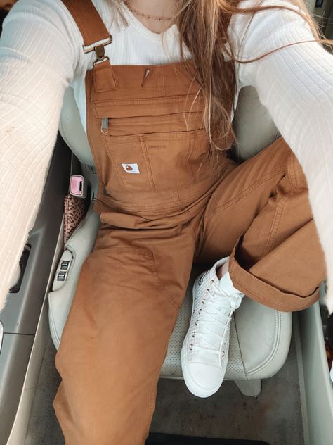 #overalls #overallsjeans #carhartt #bibs Womans Carhartt Overalls, How To Style Carhartt Overalls, Cute White Overall Outfits, Carhartt Women Outfits Overalls, Womens Carhartt Overalls Outfits, Overalls Outfit Carhartt, Carhartt Women Outfits Bib Overalls, Brown Carhartt Overalls Outfit, Overall Work Outfit