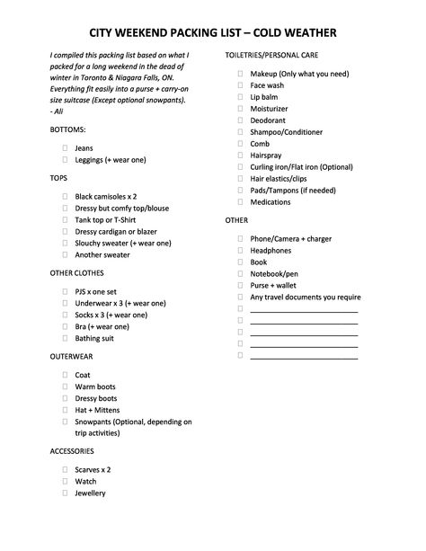 Nyc Checklist Packing Lists, Packing List Long Weekend, What To Pack For Cold Weather Travel, 3 Day 2 Night Packing List, 3 Day City Trip Packing, Weekend Winter Packing List, 3 Day Packing List Fall, What To Pack For A Weekend Trip Winter, 3 Day Weekend Packing List Winter