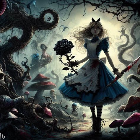 Cosplay Alice In Wonderland, Dark Disney Art, Evil Alice, American Mcgee’s Alice, Alice In Wonderland Artwork, Dark Alice In Wonderland, Alice Cosplay, Wonderland Artwork, Alice In Wonderland Aesthetic