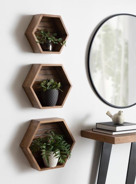 Hexagon Shelf Decor, Hexagon Shelf, Front Wall Design, Wood Floating Shelf, Hexagon Shelves, Solid Wood Shelves, Wood Floating Shelves, Decorating Shelves, Rustic Shelves