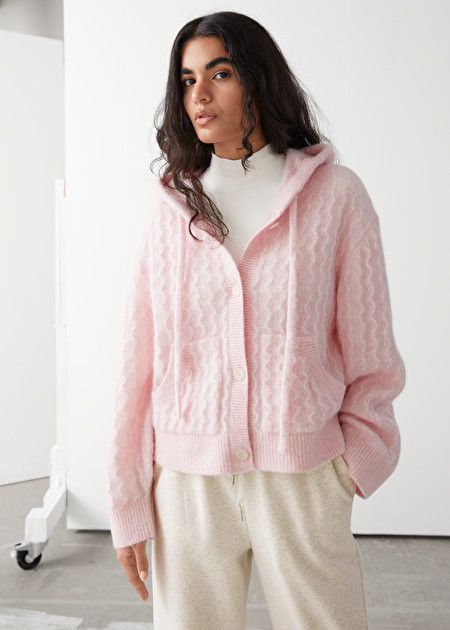 Oversized Button Up Cable Knit Hoodie - Light Pink - Cardigans - & Other Stories Cardigan Hoodie, Light Pink Cardigan, Button Hoodie, Sweater Refashion, Trouser Outfits, Hoodie Cardigan, Barbie Fashionista, Pink Cardigan, Women Sweater