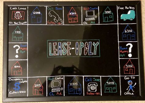 "Lease-Opoly": Leasing contest board Leasing Board Ideas, Leasing Goal Board Ideas, Leasing Goal Board, Leasing Office Ideas, Resident Retention, Resident Events, Contest Ideas, Leasing Agent, Goal Board