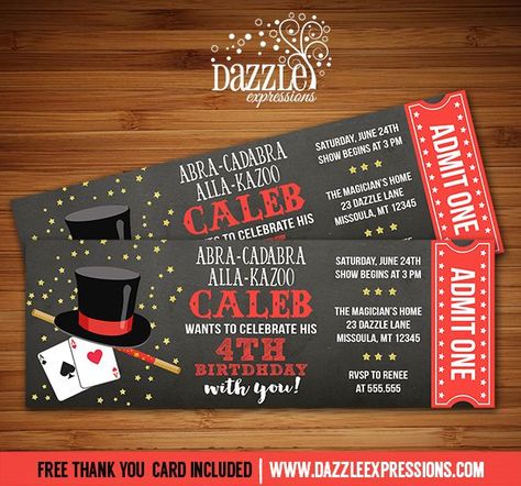 Printable Magic Show Chalkboard Ticket Birthday Invitation | Magician Party | For a Birthday or Any Magic Party Theme, Magician Birthday Party, Ticket Birthday Invitation, Magician Party, Magic Birthday Party, Magic Birthday, Magic Theme, Magic Party, Free Thank You Cards